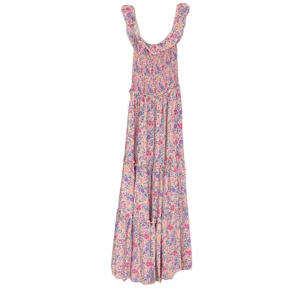 NWOT ABEL THE LABEL Dress XS Floral Pink Maxi Smocked Tiered Off Shoulder Multi
